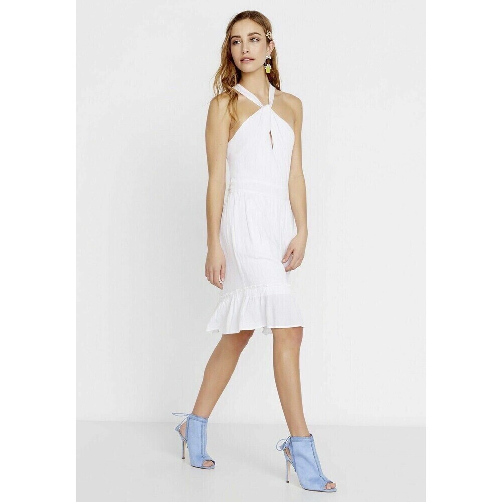 Buffalo David Bitton Women's Belted Ruffle Halter Neck White Summer Dress size M